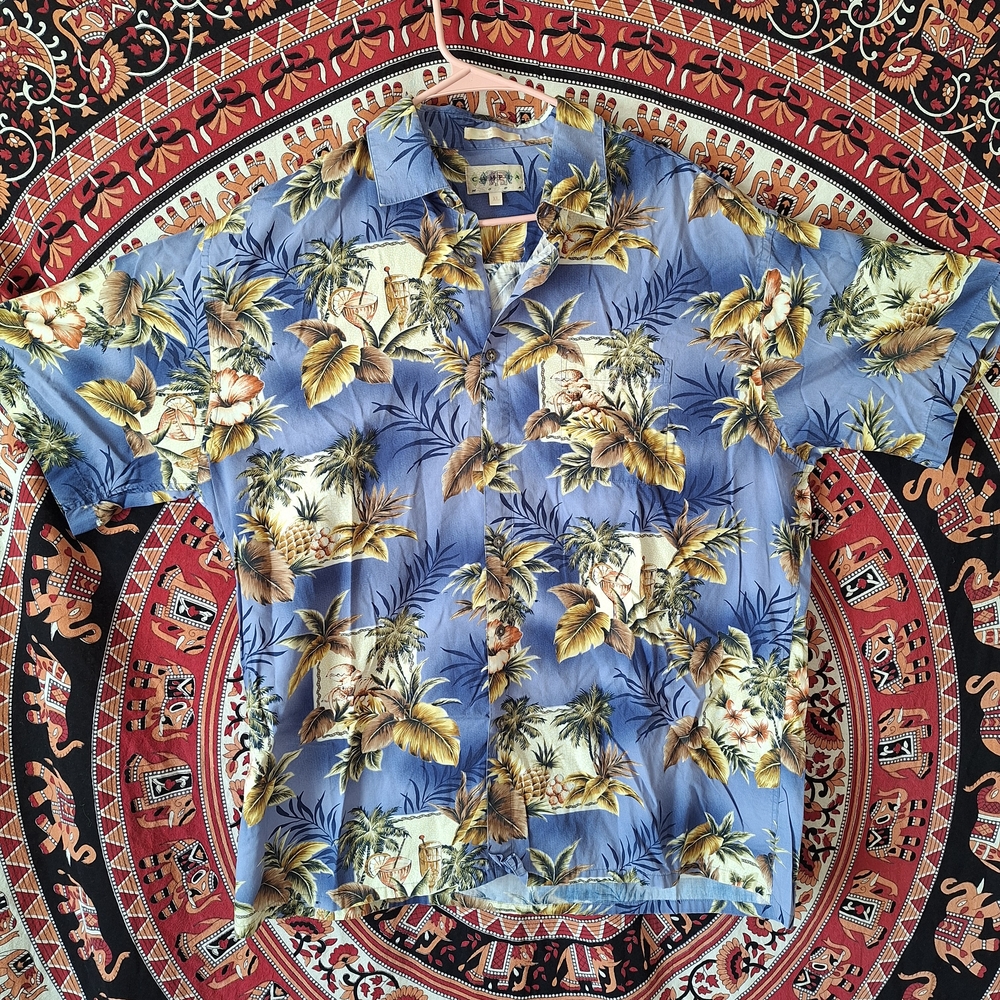 Vintage Campia Moda Tropical Periwinkle Hawaiian Aloha Button-Up Shirt